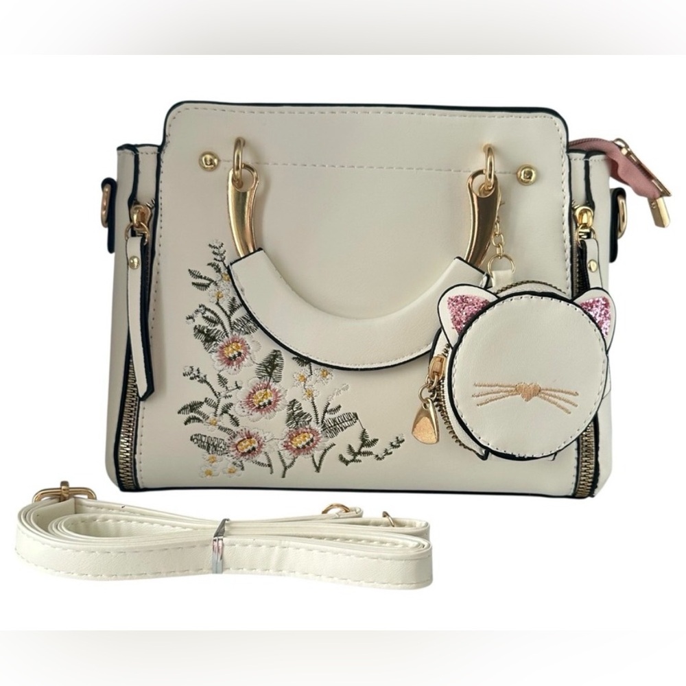 Cream Floral Embroidered Structured Satchel Crossbody Bag Cat Coin Purse Charm - Picture 2 of 15